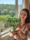 آجیل خوری بلور نقاشی شده طرح بتهجقه سبز زمردی کار دست
