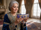 کشکول بلور نقاشی کار دست با طرح خورشیدی، رنگ آبی نیلی زیبا، سبک سنتی ایرانی، برای استفاده در پذیرایی و دکوراسیون خاص