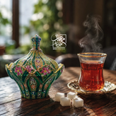 چیدمان میز پذیرایی با قندان بلور سبز و فنجان چای بخارآلود