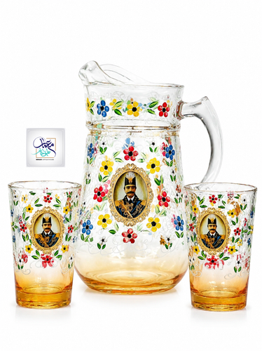 پارچ و لیوان هنری با نقاشی گل و مرغ و طرح شاه عباسی