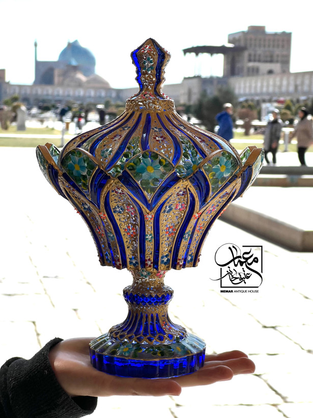 شکلات خوری پایهدار بلور نقاشی شده آبی لاجوردی کار دست