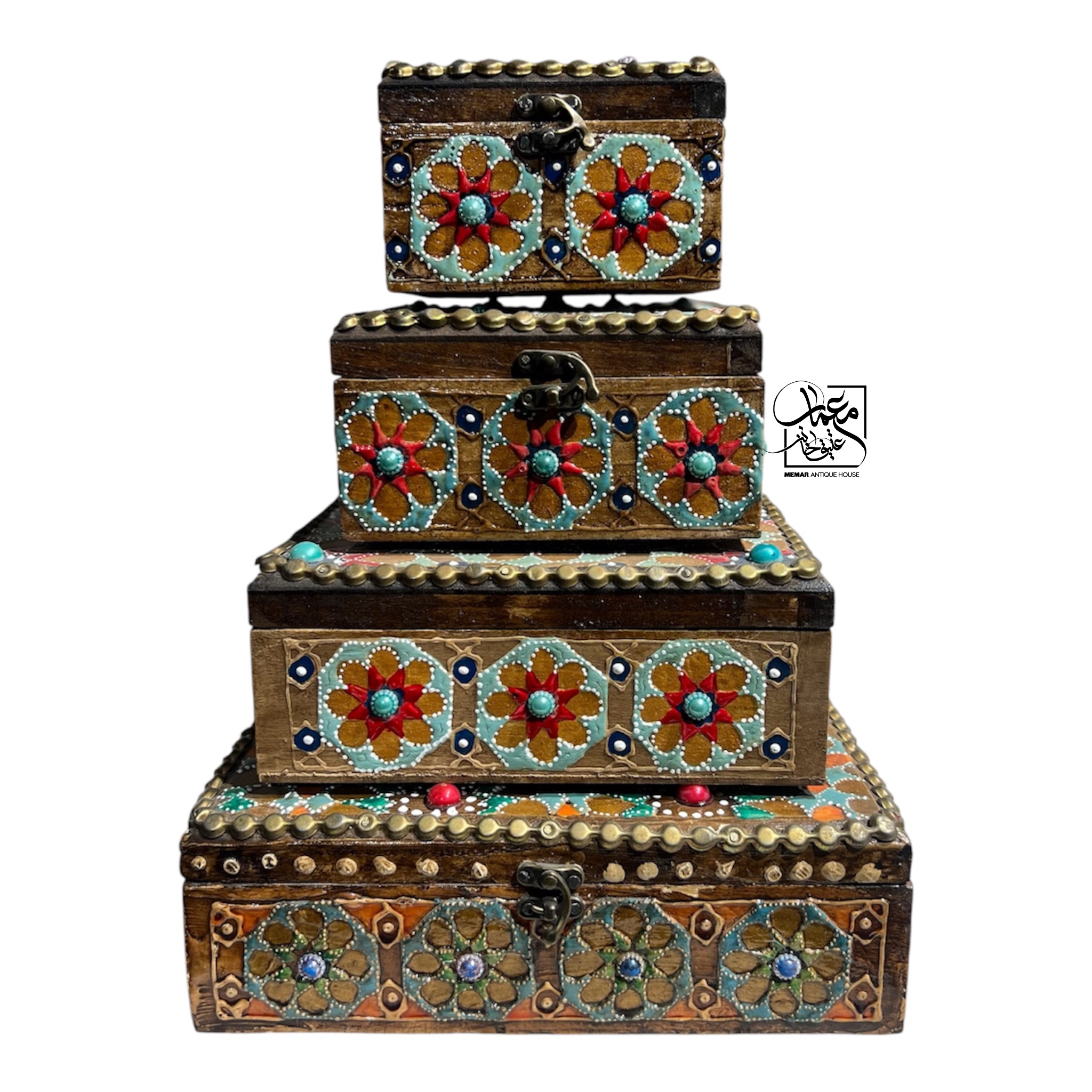ست جعبه جواهر دست‌ساز چوبی طرح گل معمار عتیق
